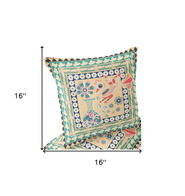 Homeroots Set Of Two 16" X 16" Green And Pink Peacock Blown Seam Floral Indoor Outdoor Throw Pillow  Polyester 535668