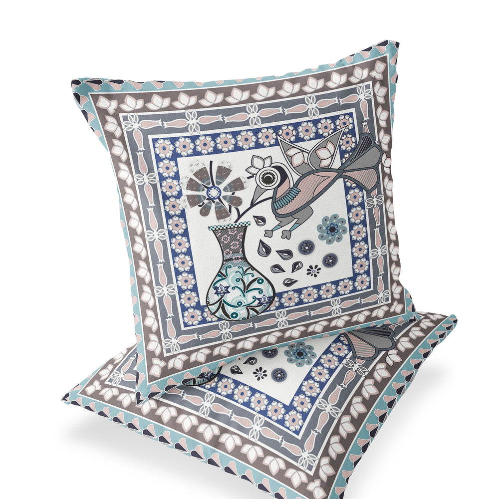 Homeroots Set Of Two 16" X 16" Beige And Gray Peacock Blown Seam Floral Indoor Outdoor Throw Pillow  Polyester 535669