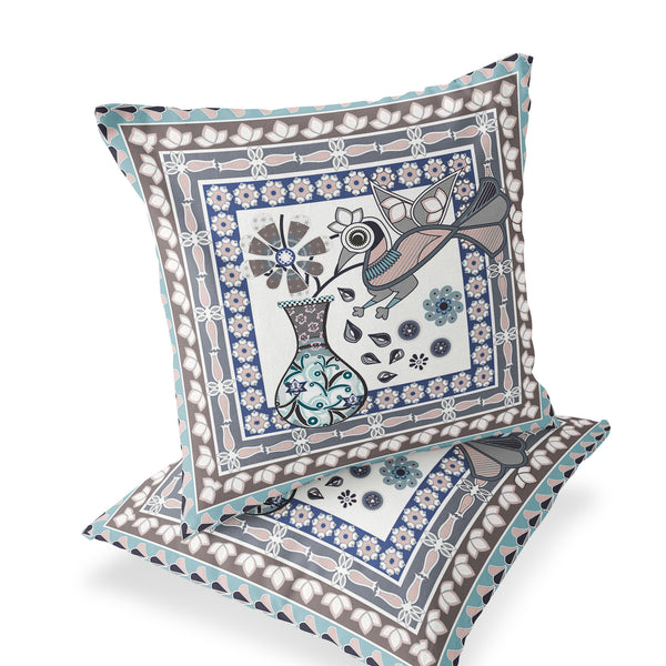 Homeroots Set Of Two 16" X 16" Beige And Gray Peacock Blown Seam Floral Indoor Outdoor Throw Pillow  Polyester 535669