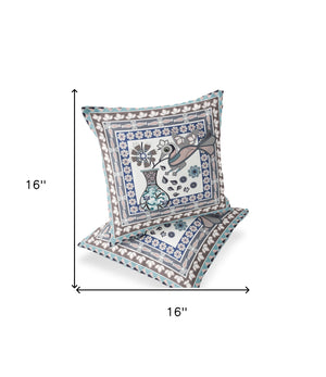 Homeroots Set Of Two 16" X 16" Beige And Gray Peacock Blown Seam Floral Indoor Outdoor Throw Pillow  Polyester 535669