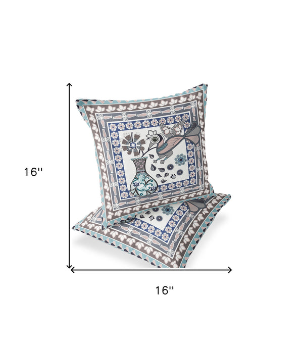 Homeroots Set Of Two 16" X 16" Beige And Gray Peacock Blown Seam Floral Indoor Outdoor Throw Pillow  Polyester 535669