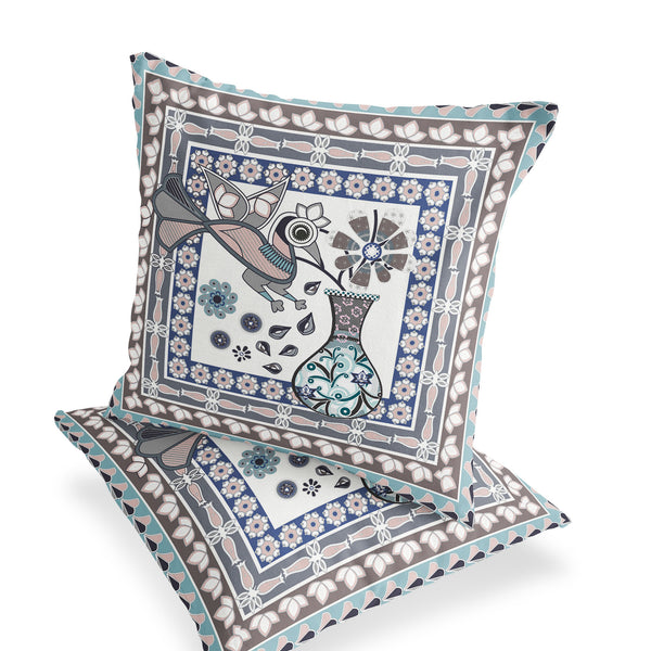 Homeroots Set Of Two 16" X 16" Beige And Gray Peacock Blown Seam Floral Indoor Outdoor Throw Pillow  Polyester 535669