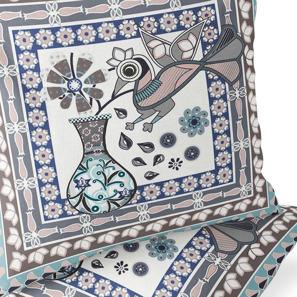 Homeroots Set Of Two 16" X 16" Beige And Gray Peacock Blown Seam Floral Indoor Outdoor Throw Pillow  Polyester 535669