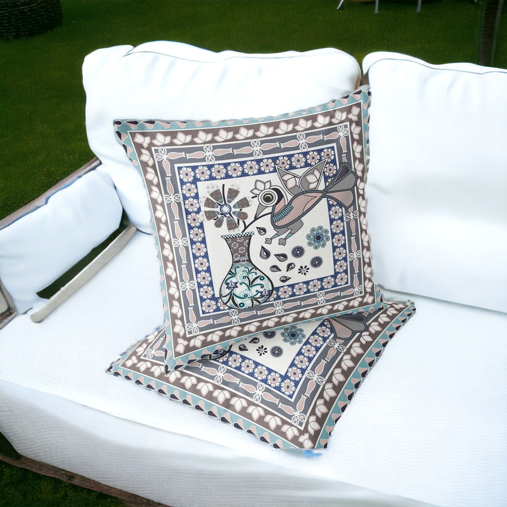 Homeroots Set Of Two 16" X 16" Beige And Gray Peacock Blown Seam Floral Indoor Outdoor Throw Pillow  Polyester 535669