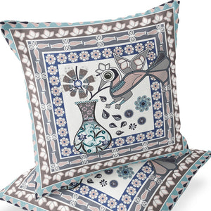 Homeroots Set Of Two 16" X 16" Beige And Gray Peacock Blown Seam Floral Indoor Outdoor Throw Pillow  Polyester 535669