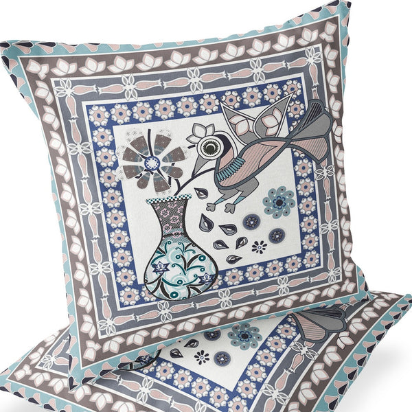 Homeroots Set Of Two 16" X 16" Beige And Gray Peacock Blown Seam Floral Indoor Outdoor Throw Pillow  Polyester 535669