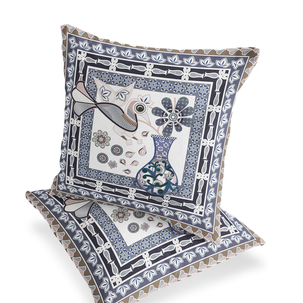 Homeroots Set Of Two 16" X 16" Beige And Orange Peacock Blown Seam Floral Indoor Outdoor Throw Pillow  Polyester 535671