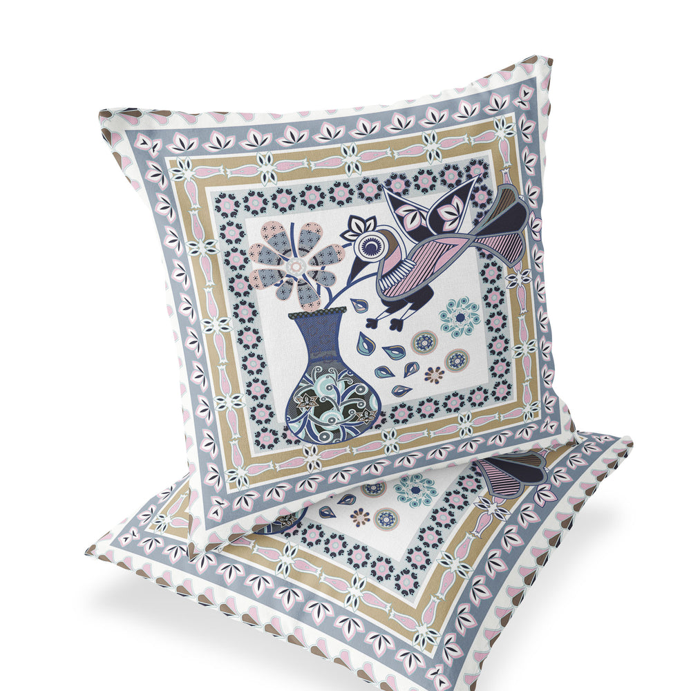 Homeroots Set Of Two 16" X 16" Beige And White Peacock Blown Seam Floral Indoor Outdoor Throw Pillow  Polyester 535672