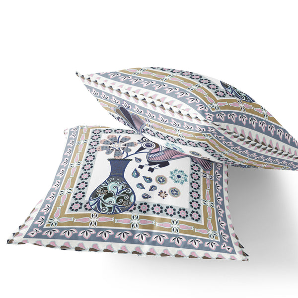 Homeroots Set Of Two 16" X 16" Beige And White Peacock Blown Seam Floral Indoor Outdoor Throw Pillow  Polyester 535672