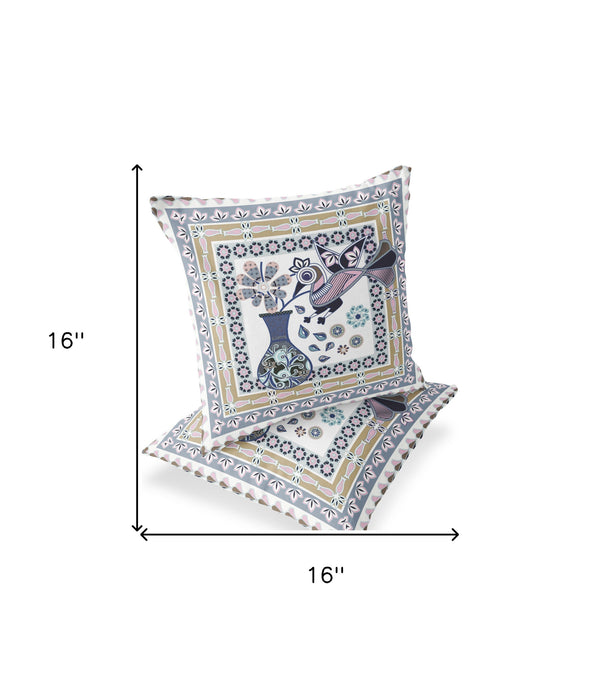 Homeroots Set Of Two 16" X 16" Beige And White Peacock Blown Seam Floral Indoor Outdoor Throw Pillow  Polyester 535672