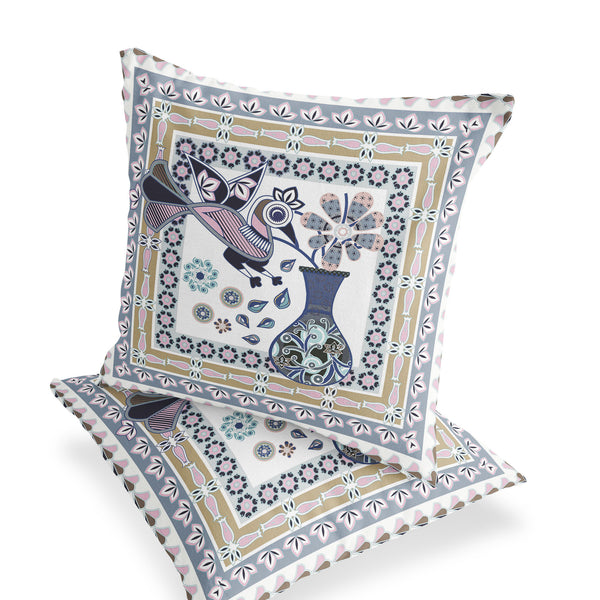 Homeroots Set Of Two 16" X 16" Beige And White Peacock Blown Seam Floral Indoor Outdoor Throw Pillow  Polyester 535672