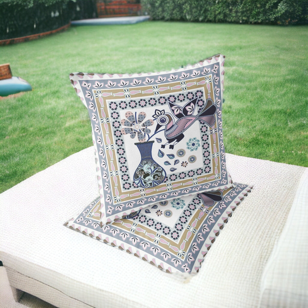 Homeroots Set Of Two 16" X 16" Beige And White Peacock Blown Seam Floral Indoor Outdoor Throw Pillow  Polyester 535672