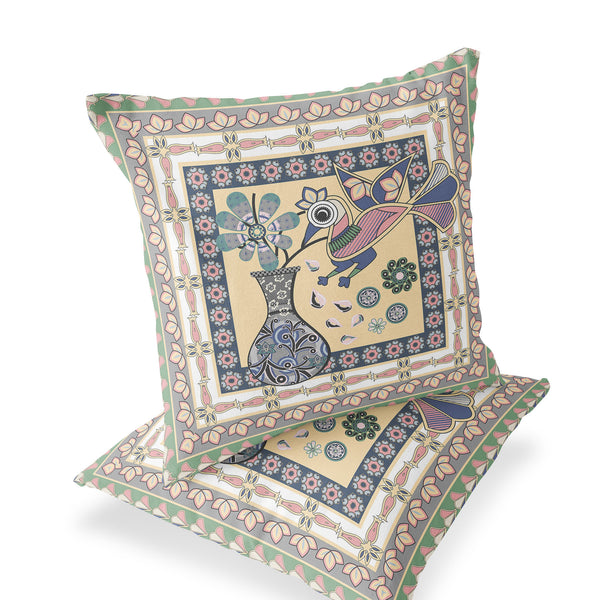 Homeroots Set Of Two 16" X 16" Beige And Pink Peacock Blown Seam Floral Indoor Outdoor Throw Pillows  Polyester 535673