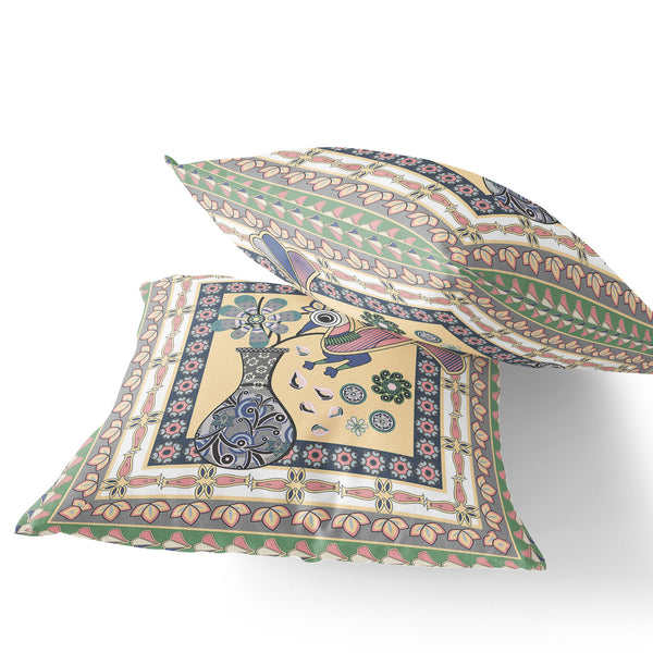 Homeroots Set Of Two 16" X 16" Beige And Pink Peacock Blown Seam Floral Indoor Outdoor Throw Pillows  Polyester 535673