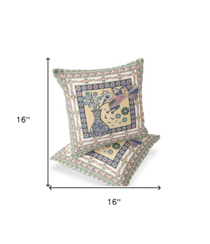 Homeroots Set Of Two 16" X 16" Beige And Pink Peacock Blown Seam Floral Indoor Outdoor Throw Pillows  Polyester 535673