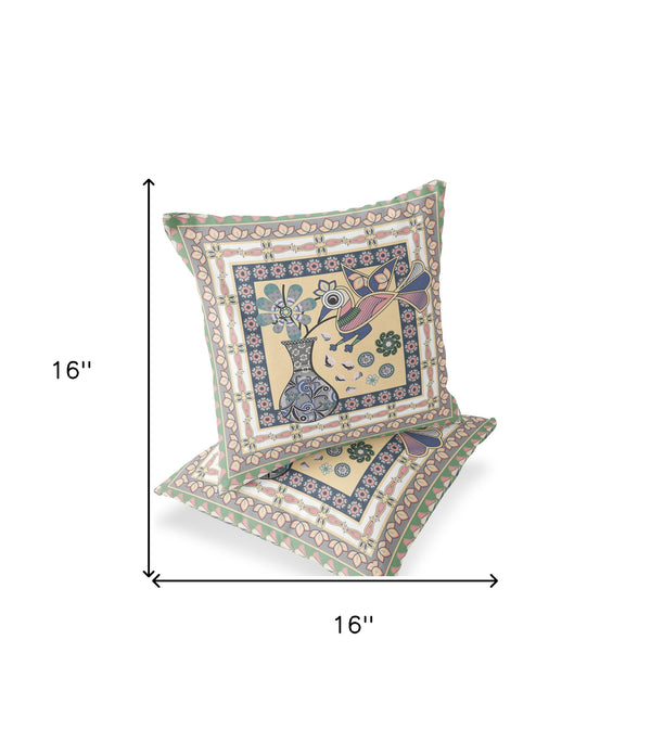 Homeroots Set Of Two 16" X 16" Beige And Pink Peacock Blown Seam Floral Indoor Outdoor Throw Pillows  Polyester 535673