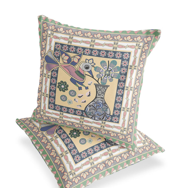 Homeroots Set Of Two 16" X 16" Beige And Pink Peacock Blown Seam Floral Indoor Outdoor Throw Pillows  Polyester 535673