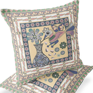 Homeroots Set Of Two 16" X 16" Beige And Pink Peacock Blown Seam Floral Indoor Outdoor Throw Pillows  Polyester 535673