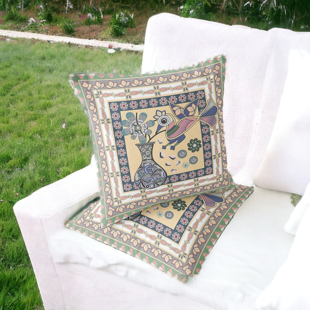 Homeroots Set Of Two 16" X 16" Beige And Pink Peacock Blown Seam Floral Indoor Outdoor Throw Pillows  Polyester 535673