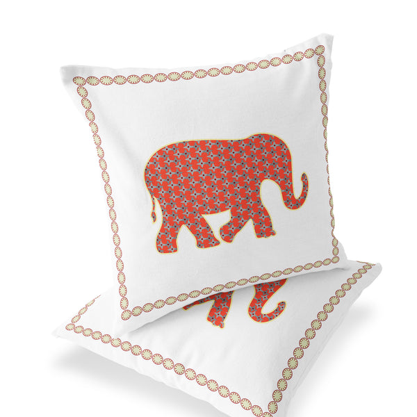 Homeroots Set Of Two 16" X 16" Orange And White Elephant Blown Seam Animal Print Indoor Outdoor Throw Pillow  Polyester 535674