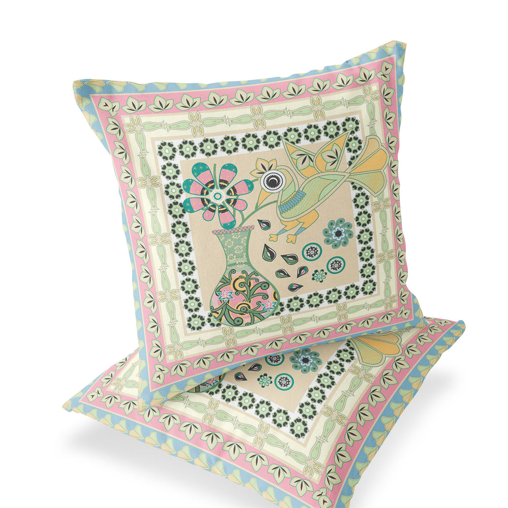 Homeroots Set Of Two 16" X 16" Beige And Pink Peacock Blown Seam Floral Indoor Outdoor Throw Pillow  Polyester 535675