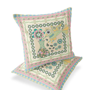 Homeroots Set Of Two 16" X 16" Beige And Pink Peacock Blown Seam Floral Indoor Outdoor Throw Pillow  Polyester 535675