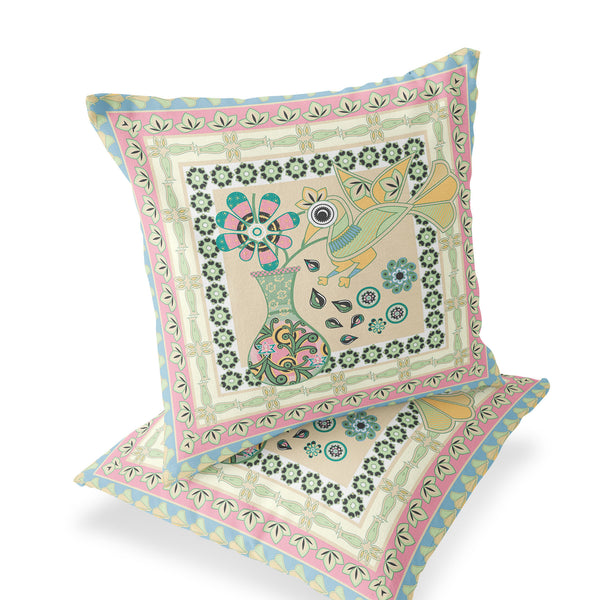 Homeroots Set Of Two 16" X 16" Beige And Pink Peacock Blown Seam Floral Indoor Outdoor Throw Pillow  Polyester 535675