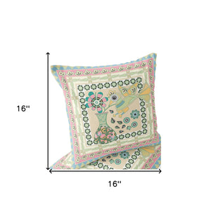 Homeroots Set Of Two 16" X 16" Beige And Pink Peacock Blown Seam Floral Indoor Outdoor Throw Pillow  Polyester 535675