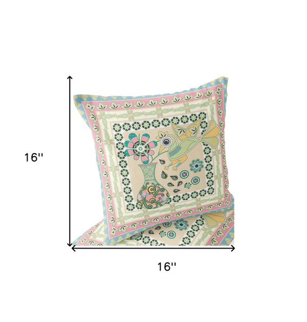 Homeroots Set Of Two 16" X 16" Beige And Pink Peacock Blown Seam Floral Indoor Outdoor Throw Pillow  Polyester 535675