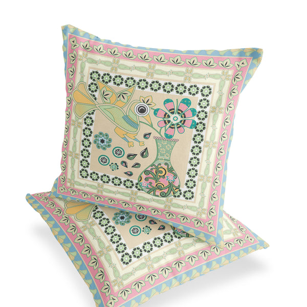 Homeroots Set Of Two 16" X 16" Beige And Pink Peacock Blown Seam Floral Indoor Outdoor Throw Pillow  Polyester 535675