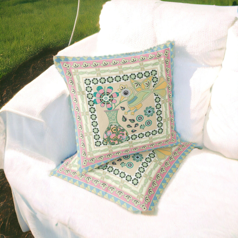 Homeroots Set Of Two 16" X 16" Beige And Pink Peacock Blown Seam Floral Indoor Outdoor Throw Pillow  Polyester 535675