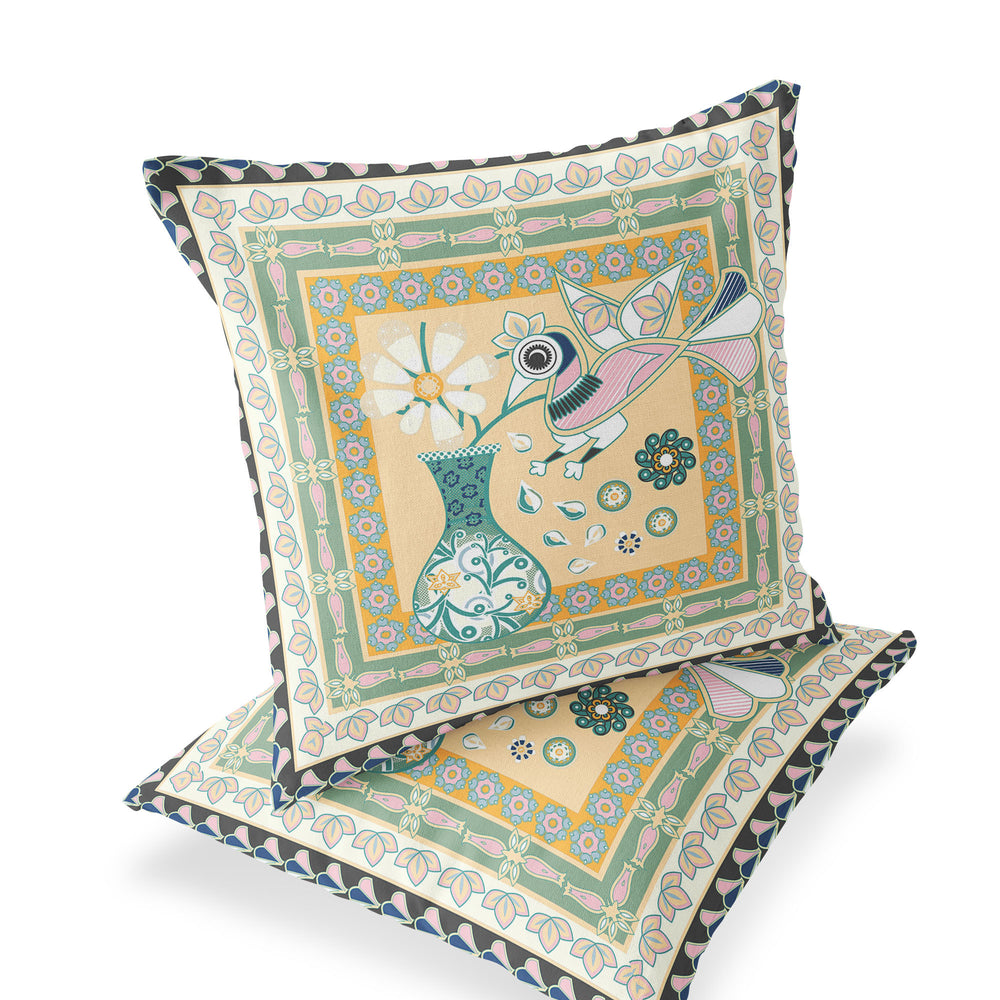 Homeroots Set Of Two 16" X 16" Beige And Green Peacock Blown Seam Floral Indoor Outdoor Throw Pillow  Polyester 535676