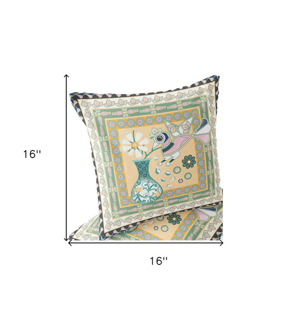 Homeroots Set Of Two 16" X 16" Beige And Green Peacock Blown Seam Floral Indoor Outdoor Throw Pillow  Polyester 535676