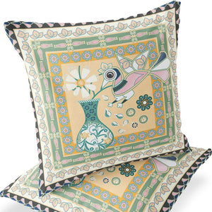Homeroots Set Of Two 16" X 16" Beige And Green Peacock Blown Seam Floral Indoor Outdoor Throw Pillow  Polyester 535676