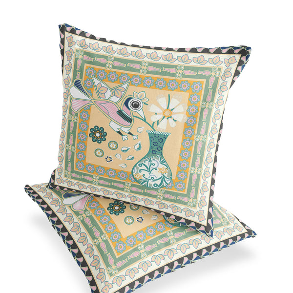 Homeroots Set Of Two 16" X 16" Beige And Green Peacock Blown Seam Floral Indoor Outdoor Throw Pillow  Polyester 535676