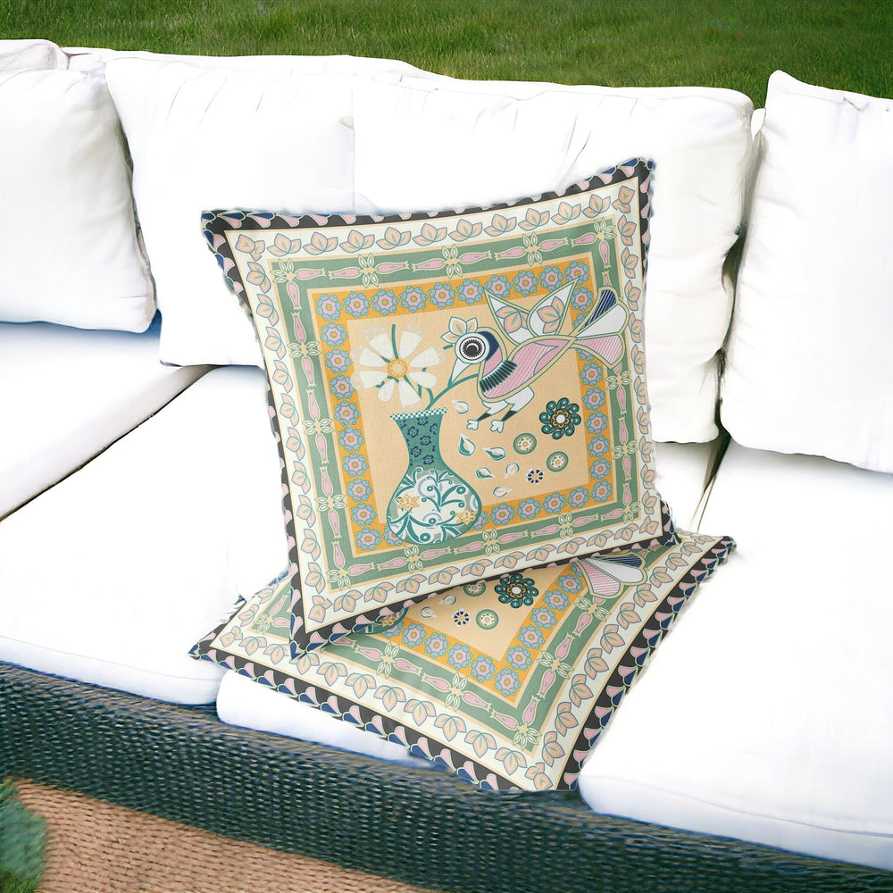 Homeroots Set Of Two 16" X 16" Beige And Green Peacock Blown Seam Floral Indoor Outdoor Throw Pillow  Polyester 535676