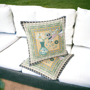 Homeroots Set Of Two 16" X 16" Beige And Green Peacock Blown Seam Floral Indoor Outdoor Throw Pillow  Polyester 535676