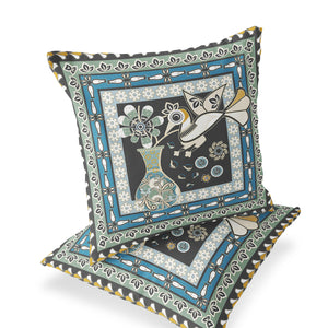Homeroots Set Of Two 16" X 16" Black And Blue Peacock Blown Seam Floral Indoor Outdoor Throw Pillow  Polyester 535677