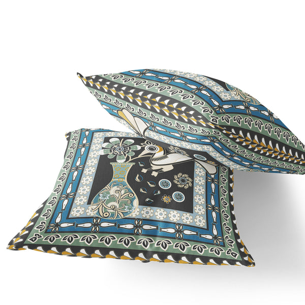 Homeroots Set Of Two 16" X 16" Black And Blue Peacock Blown Seam Floral Indoor Outdoor Throw Pillow  Polyester 535677