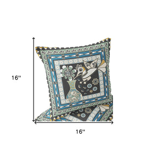 Homeroots Set Of Two 16" X 16" Black And Blue Peacock Blown Seam Floral Indoor Outdoor Throw Pillow  Polyester 535677