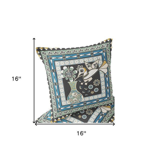 Homeroots Set Of Two 16" X 16" Black And Blue Peacock Blown Seam Floral Indoor Outdoor Throw Pillow  Polyester 535677