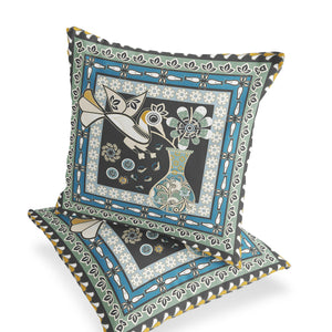 Homeroots Set Of Two 16" X 16" Black And Blue Peacock Blown Seam Floral Indoor Outdoor Throw Pillow  Polyester 535677