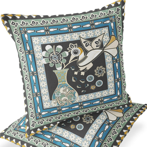 Homeroots Set Of Two 16" X 16" Black And Blue Peacock Blown Seam Floral Indoor Outdoor Throw Pillow  Polyester 535677