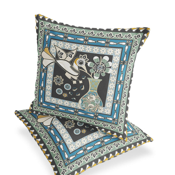 Homeroots Set Of Two 16" X 16" Black And Blue Peacock Blown Seam Floral Indoor Outdoor Throw Pillow  Polyester 535677