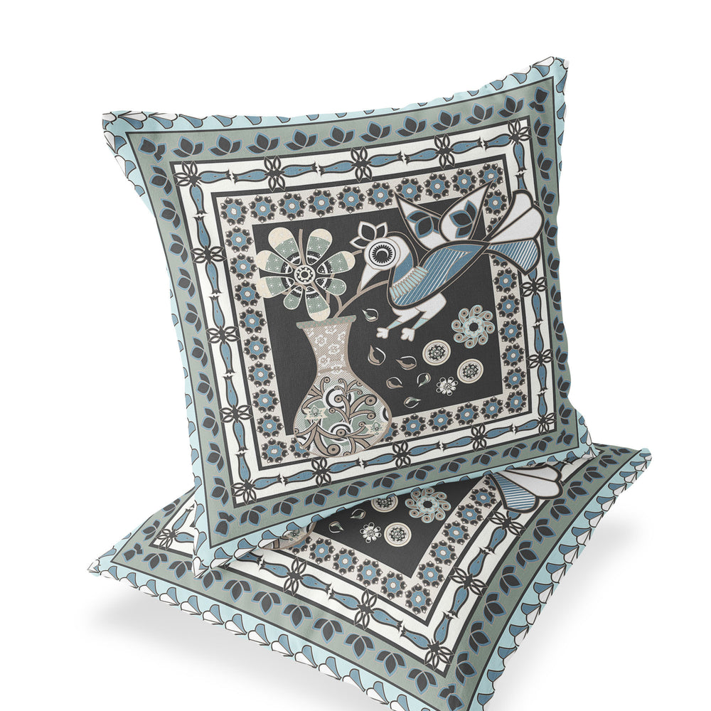 Homeroots Set Of Two 16" X 16" Black And Blue Peacock Blown Seam Floral Indoor Outdoor Throw Pillow  Polyester 535678