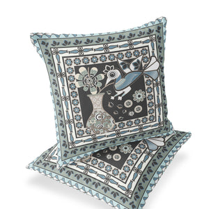 Homeroots Set Of Two 16" X 16" Black And Blue Peacock Blown Seam Floral Indoor Outdoor Throw Pillow  Polyester 535678