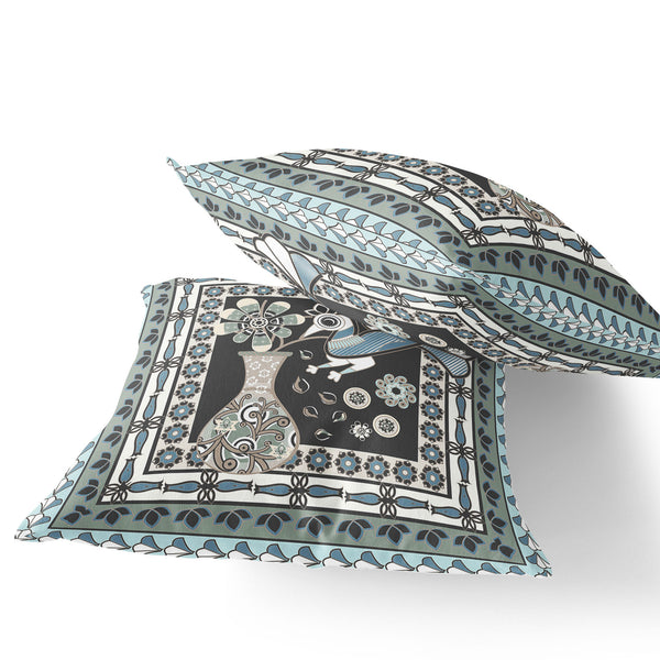 Homeroots Set Of Two 16" X 16" Black And Blue Peacock Blown Seam Floral Indoor Outdoor Throw Pillow  Polyester 535678