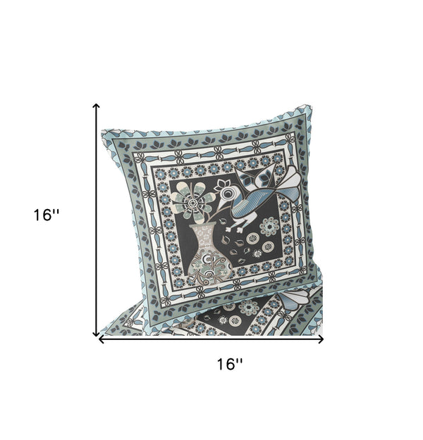 Homeroots Set Of Two 16" X 16" Black And Blue Peacock Blown Seam Floral Indoor Outdoor Throw Pillow  Polyester 535678
