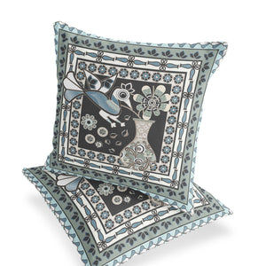 Homeroots Set Of Two 16" X 16" Black And Blue Peacock Blown Seam Floral Indoor Outdoor Throw Pillow  Polyester 535678