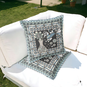 Homeroots Set Of Two 16" X 16" Black And Blue Peacock Blown Seam Floral Indoor Outdoor Throw Pillow  Polyester 535678